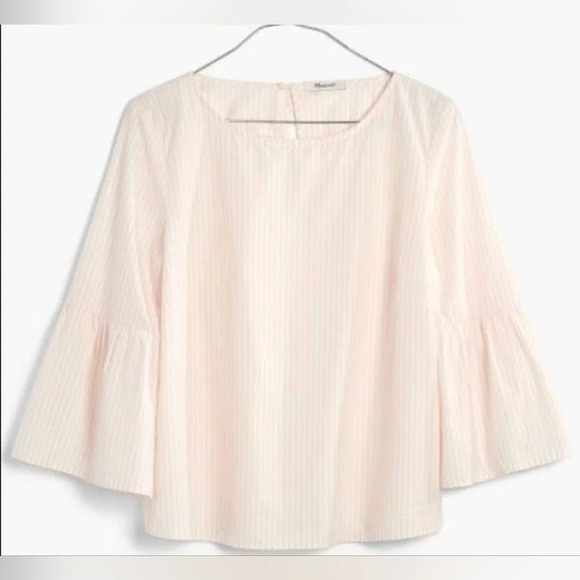 Madewell Striped Blouse top bell Sleeves pink & Cream M Classic Preppy Office - Picture 1 of 6